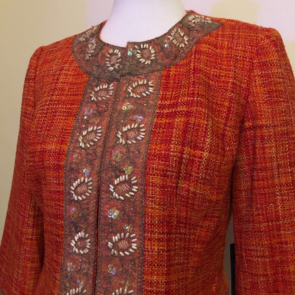 Josephine Chaus Orange Tweed Beaded Blazer Jacket - Picture 3 of 14